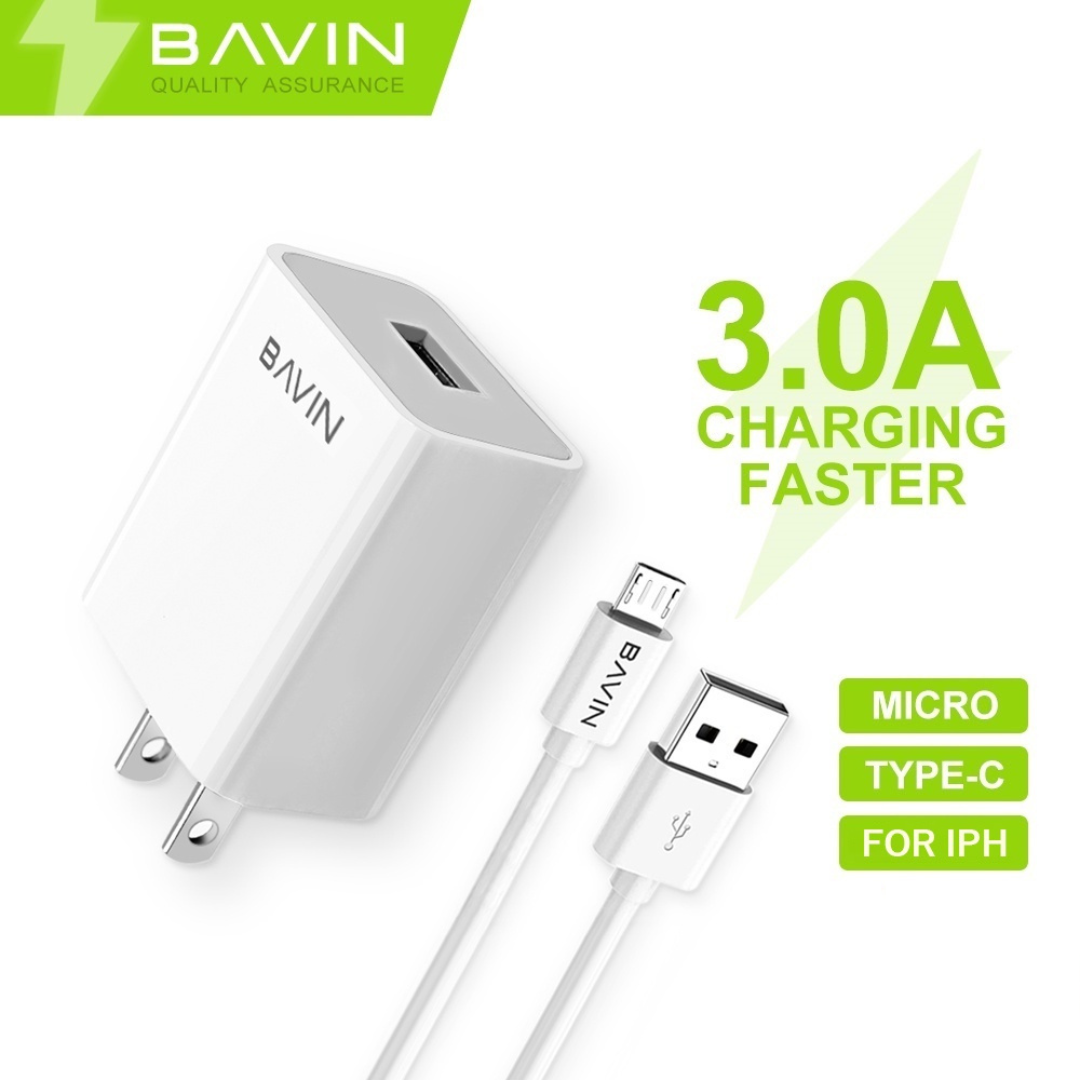 BAVIN PC658Y 3.0A Quick Charging Charger w/ 1 Meter Charging Cable for Micro / iPh /Type-C