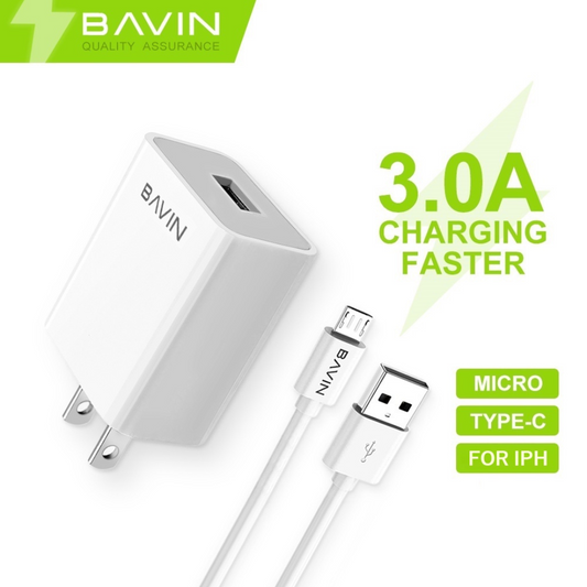 BAVIN PC658Y 3.0A Quick Charging Charger w/ 1 Meter Charging Cable for Micro / iPh /Type-C