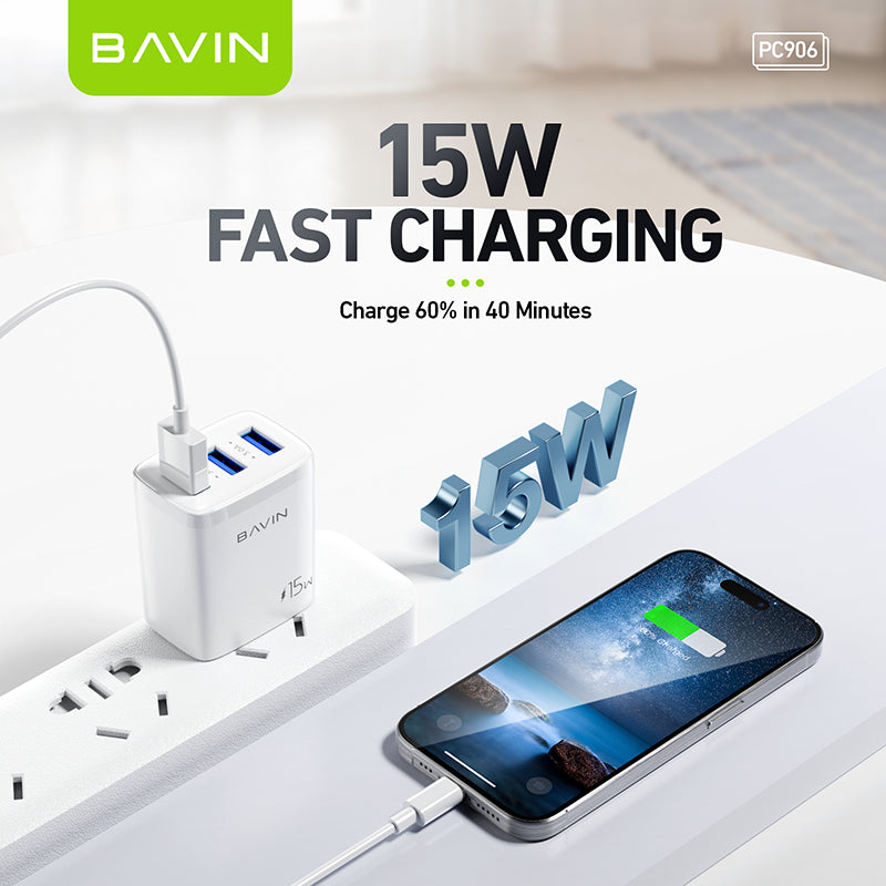 BAVIN PC906 15W Fast Charging Travel Adapter Charger W/ 3 Output USB 3.0A