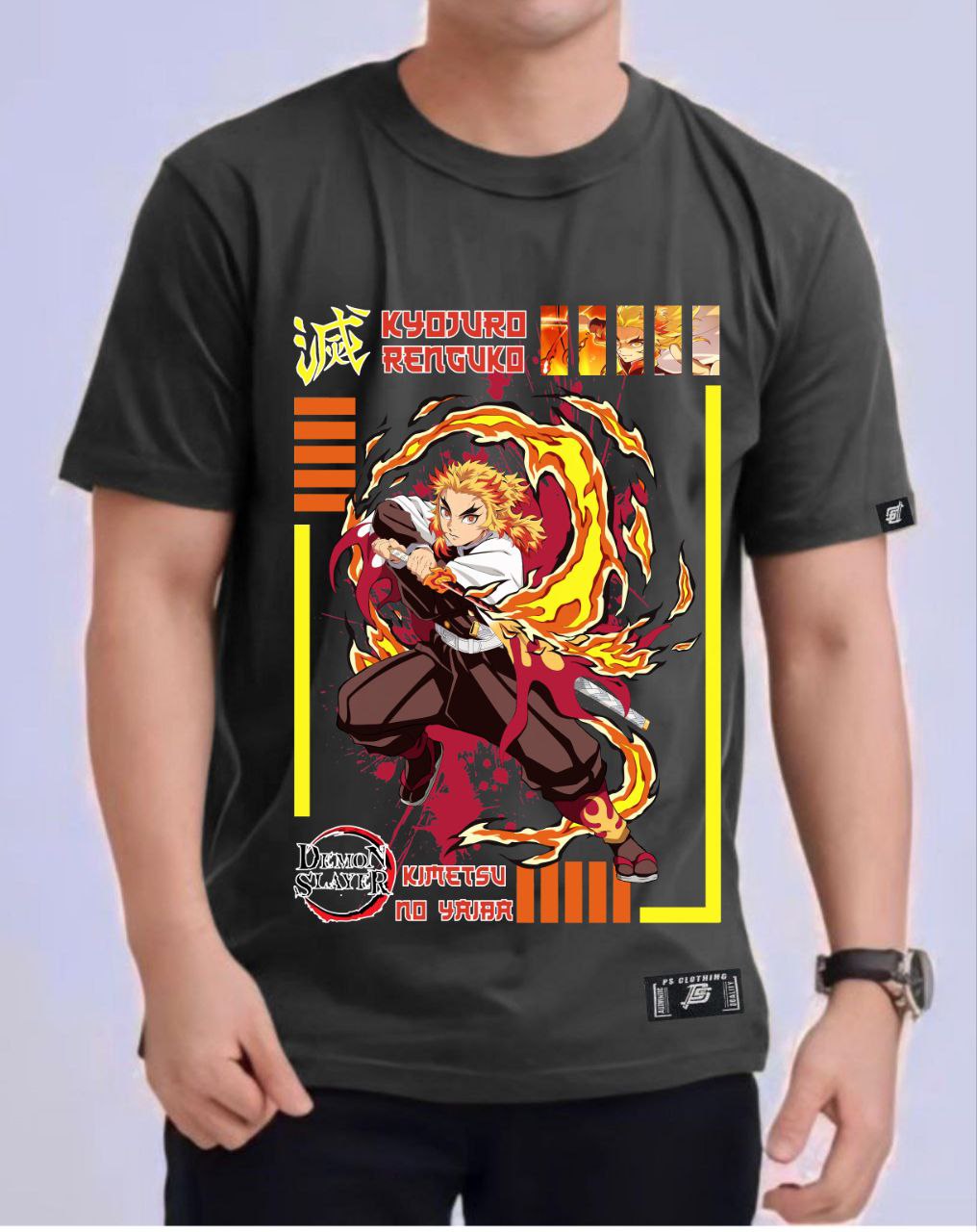 DEMON SLAYER KYOJURO RENGOKU "FIRE PILLAR" ROUND NECK REGULAR FIT ANIME PREMIUM DESIGN