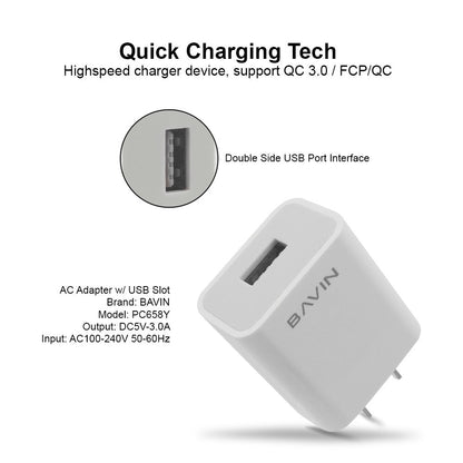 BAVIN PC658Y 3.0A Quick Charging Charger w/ 1 Meter Charging Cable for Micro / iPh /Type-C